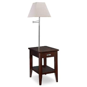 26 in. W Chocolate Cherry Laurent 1-Drawer Swing Arm Lamp Side Table with Shelf, Wooden Top