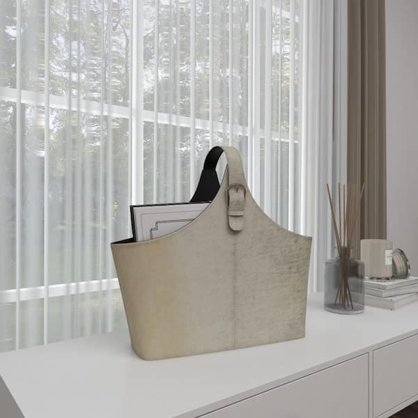Litton Lane Gray Handmade Box Style Standing Magazine Holder with Detail Stitching and Curved Handles