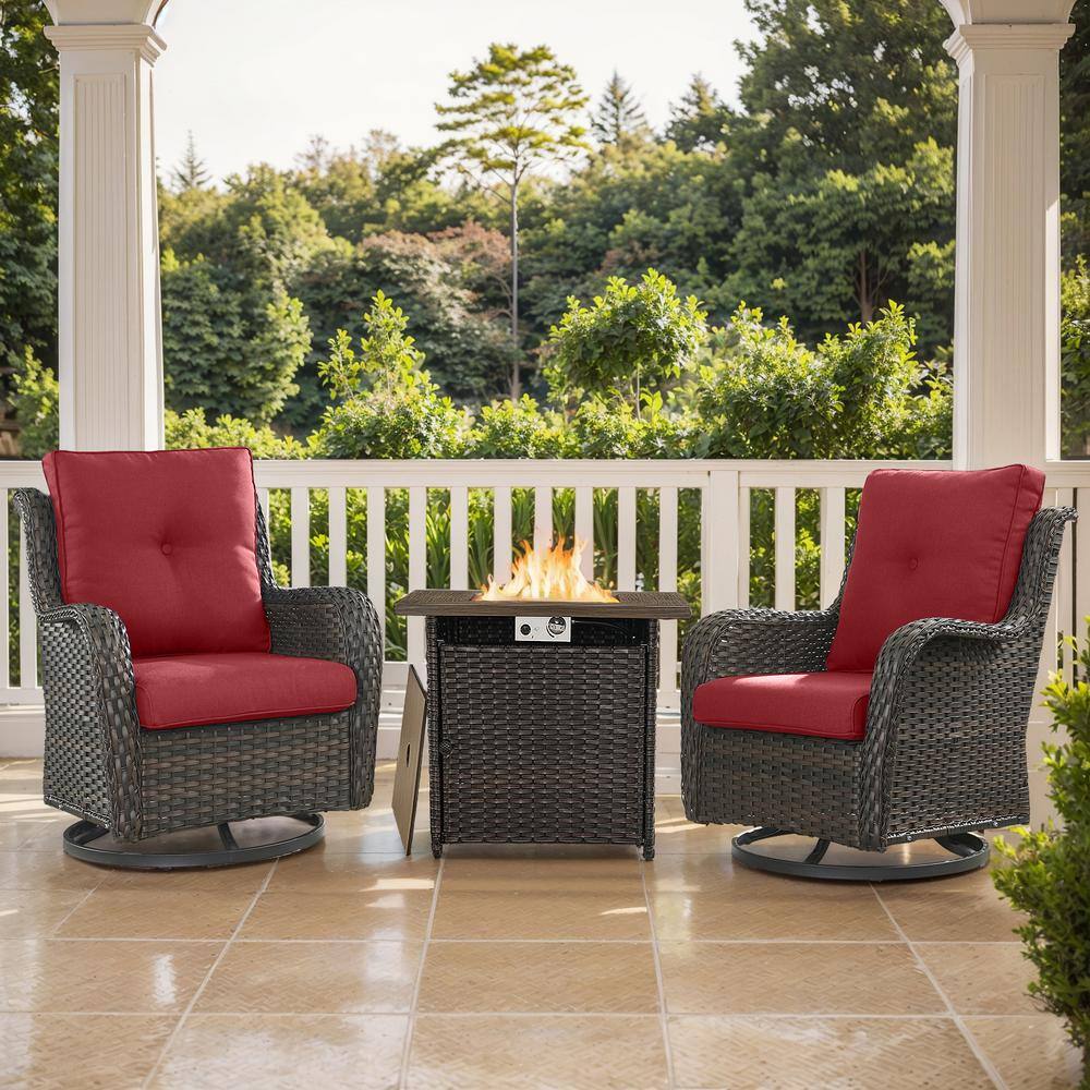 Arcline 3-Piece Brown Wicker Outdoor Dining Set with Olefin Red Cushions Fire Pit Sets with Swivel Gliders for Patio price history on PriceWatchPro