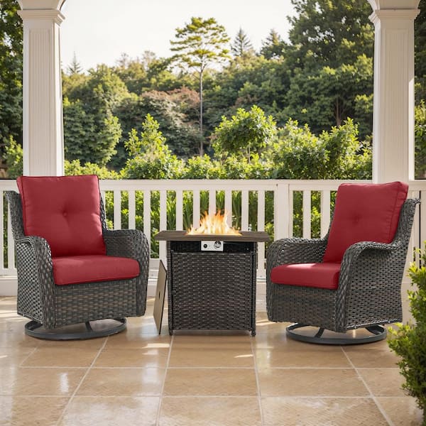 moosprr 3-Piece Brown Wicker Outdoor Dining Set with Olefin Red Cushions Fire Pit Sets with Swivel Gliders for Patio