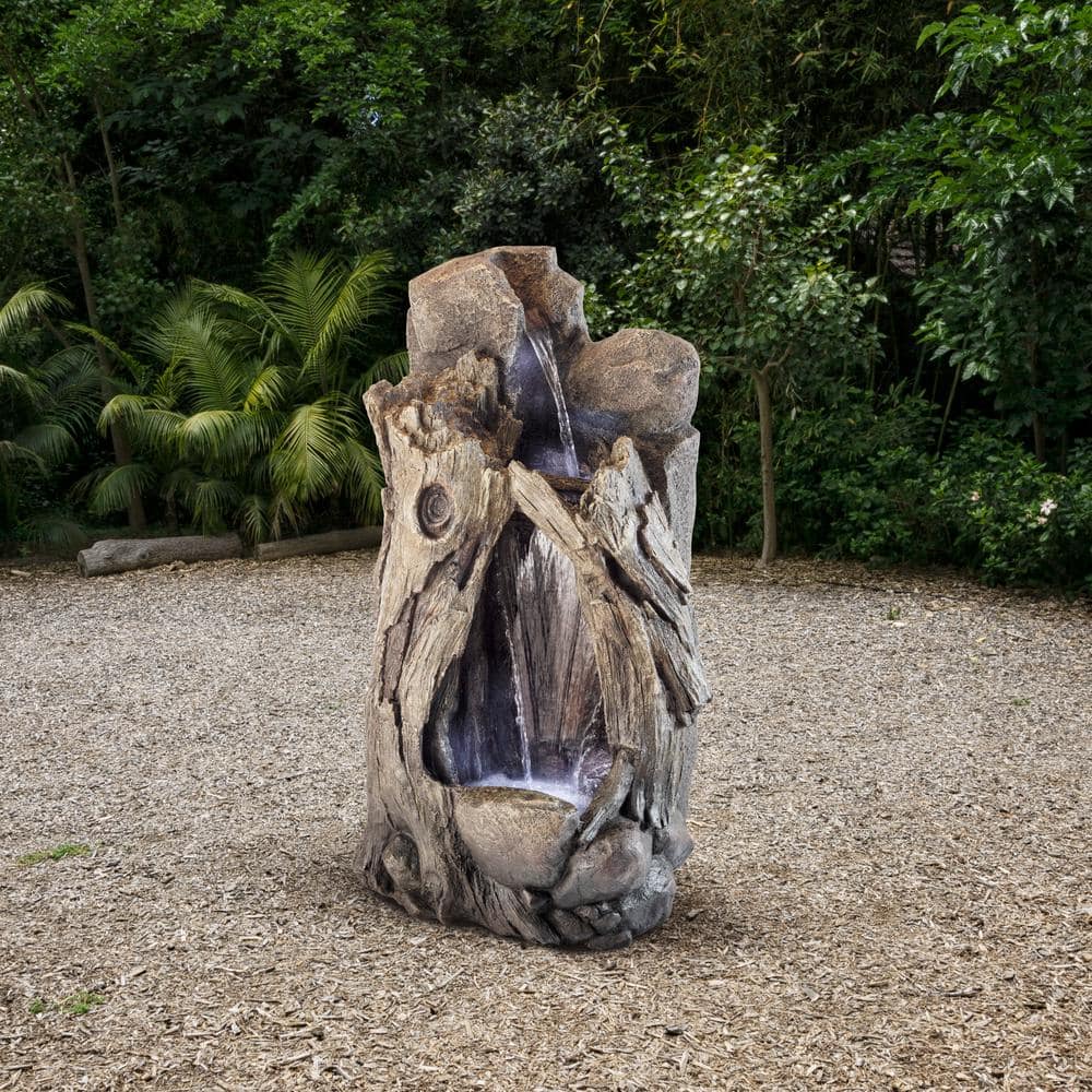 52" Taupe Resin Waterfall Tree Trunk Fountain with LED Lights