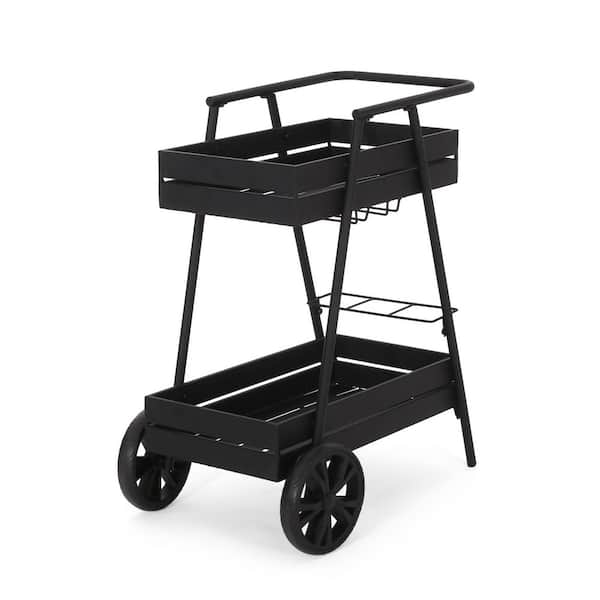 Industrial Black Bar Cart/ Serving Cart-Mobile Home Bar with Wine Storage and Matte Iron Frame