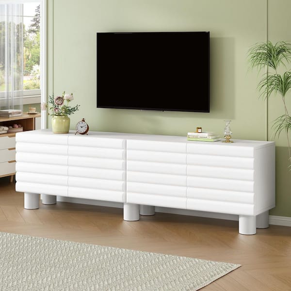 White TV Stand Fits TVs Up to 75 in. with Cylindrical Legs, Adjustable Shelves, 4 Cabinets and Cable Holes