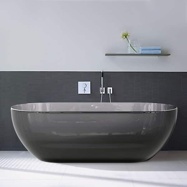 Zeus & Ruta 69 in. x 29.5 in. Stone Resin Soaking Bathtub with Center Drain in Transparent Gray