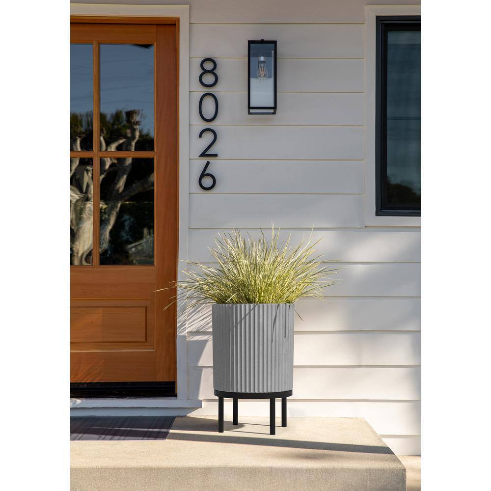 Gray and Black Fluted Planter with Acacia Wood Stand