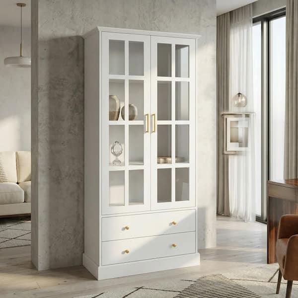 FUFU&GAGA White Wooden Storage Cabinet Cupboard with Tempered