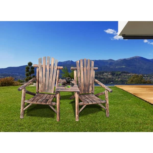 GOSHADOW Wood Outdoor Recliner Antique Porch Loveseat with Tray-table