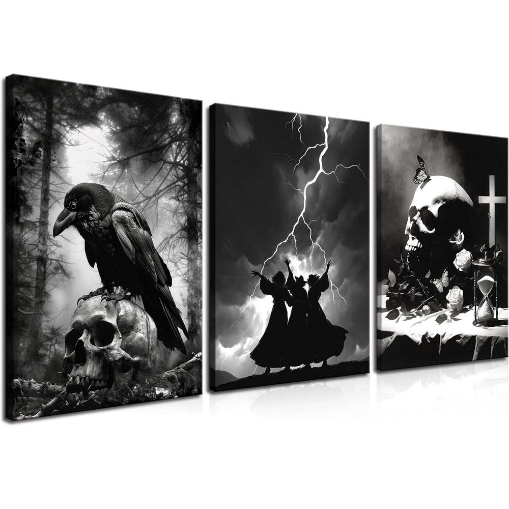 Framed 3 Piece Gothic Canvas Art Set, Crow and Skull Halloween