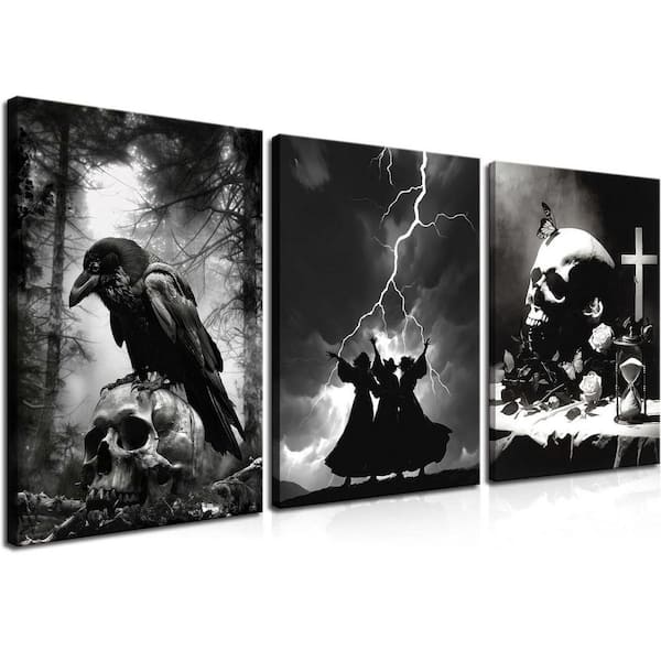 Framed 3 Piece Gothic Canvas Art Set, Crow and Skull Halloween