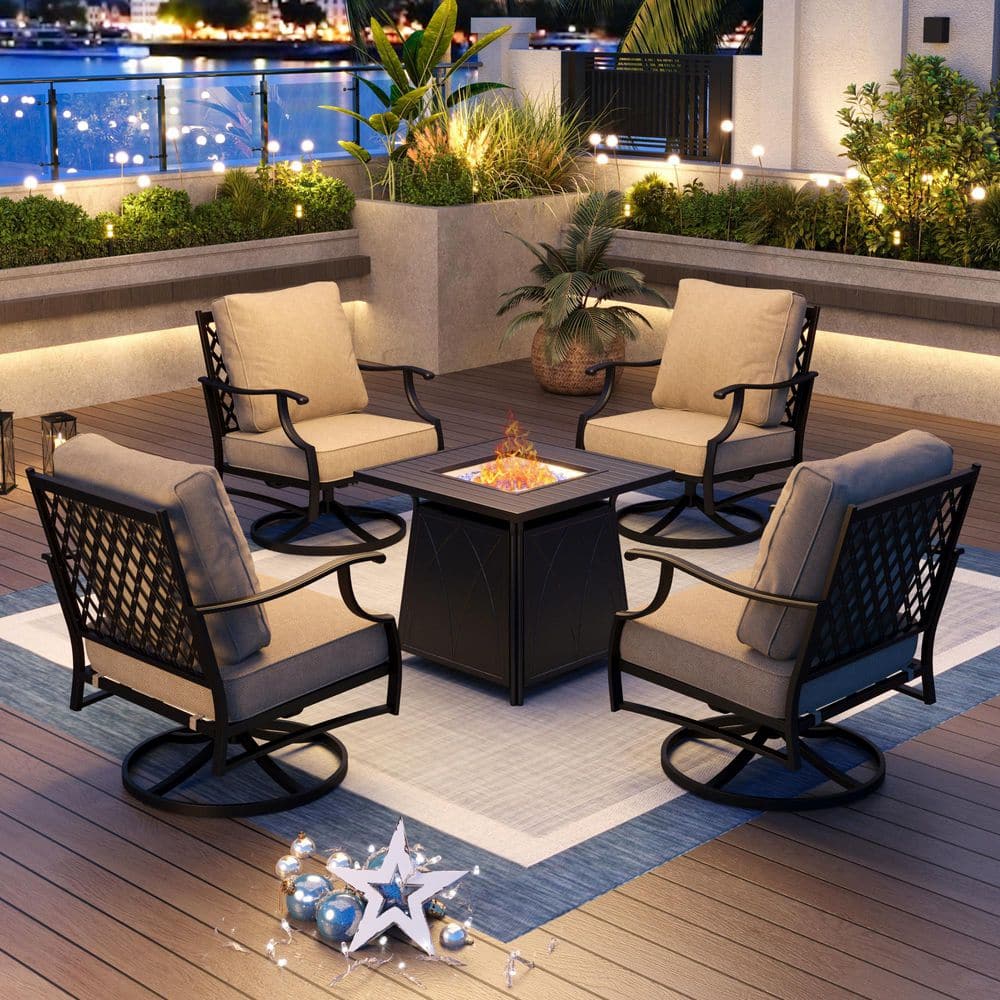PHI VILLA Black Metal 4 Seat 5-Piece Steel Outdoor Patio
