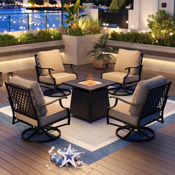 Black Metal 4 Seat 5-Piece Steel Outdoor Patio Conversation Set with Beige Cushions,Swivel Chairs,Square Fire Pit Table