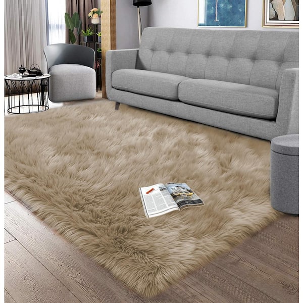Sheepskin Faux Fur Beige 6 ft. x 8 ft. Cozy Furry Rugs Area Rug