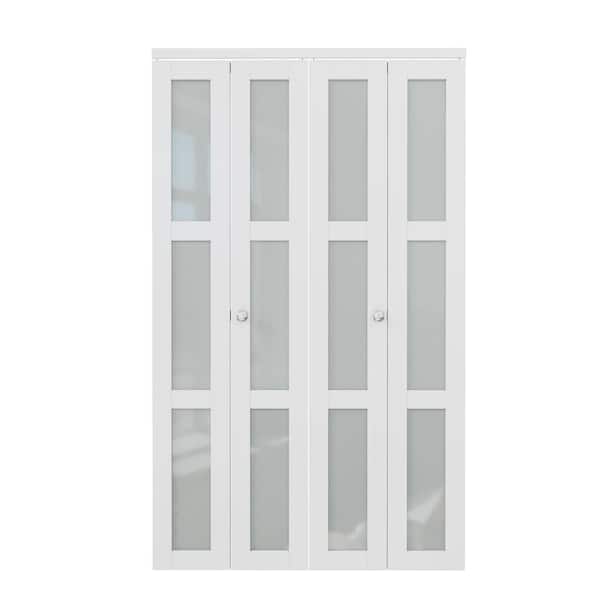 ARK DESIGN 56 in. x 80 in. 3-Lite Glass Frosted Glass Solid Core White Finished MDF Closet Bi-Fold Door with Hardware