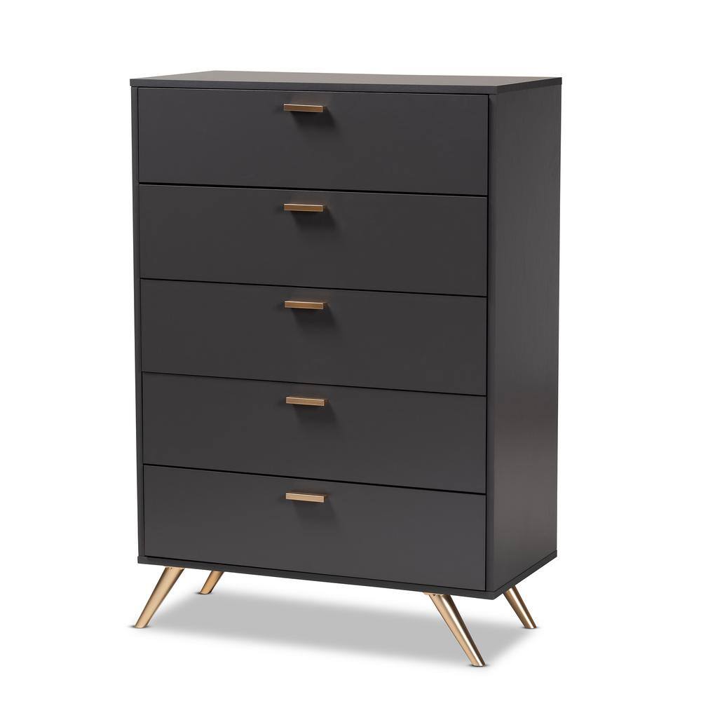 Kelson Dark Gray and Gold 5-Drawer Wood Chest