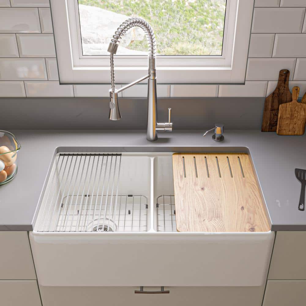 White 33" Double Bowl Fireclay Farmhouse Workstation Sink