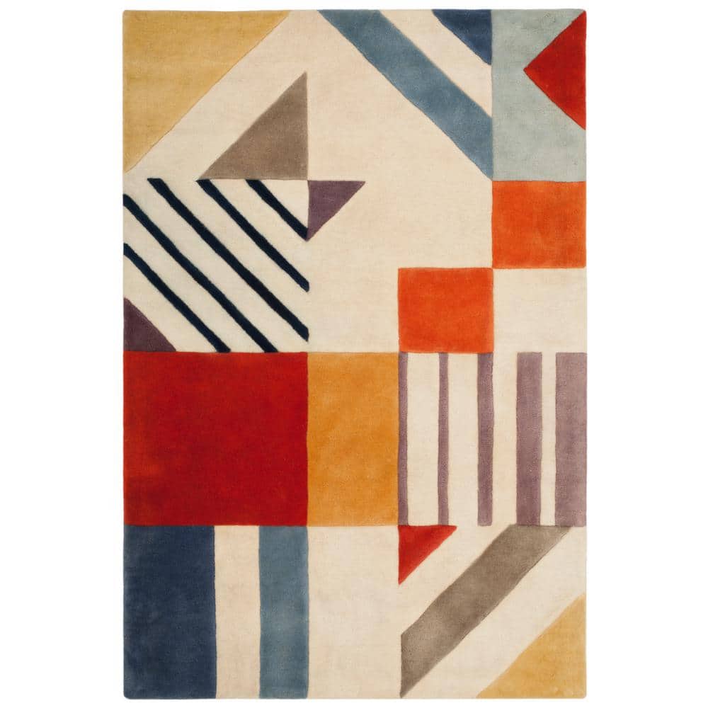 Ivory and Multicolor Geometric Wool Area Rug, 3' x 5'
