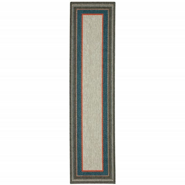 HomeRoots Blue, Gray 2 ft. x 8 ft. Loomed Border Polypropylene Rectangle Indoor/Outdoor Area Rug
