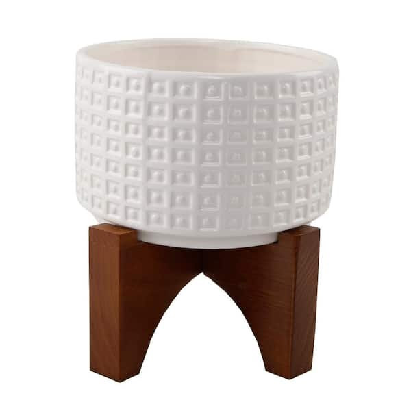 Flora Bunda 7 in. Matte White Ceramic Gladiator Texture Wood Stand Mid-Century Planter