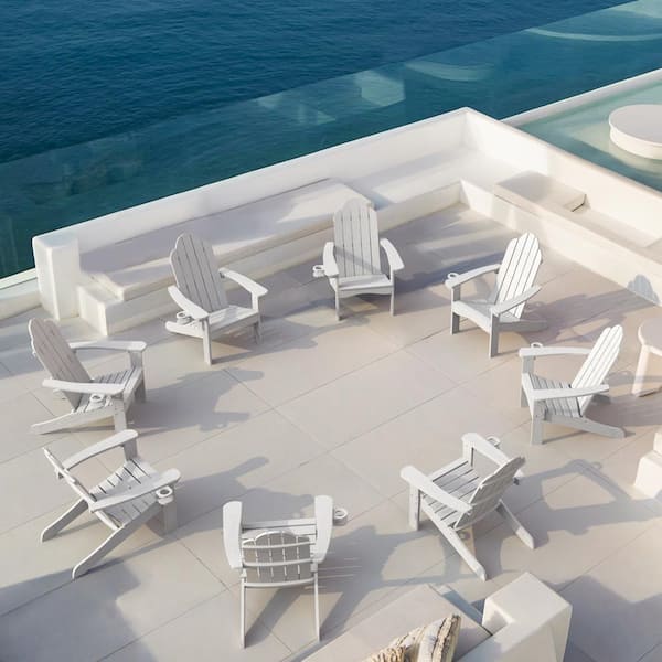 LUE BONA Recycled White HDPS Folding Plastic Adirondack Chair Weather Resistant Patio Plastic Fire Pit Chairs(Set of 8)