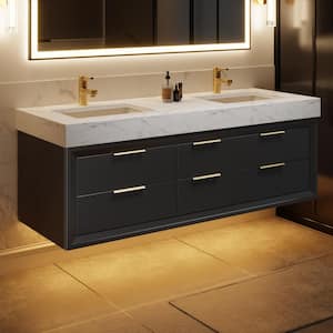 60 in. W x 20.9 in. D x 21.3 in. H Double Sink Wall Bath Vanity in Black,White Cultured Marble Top, LED Band, Soft Close