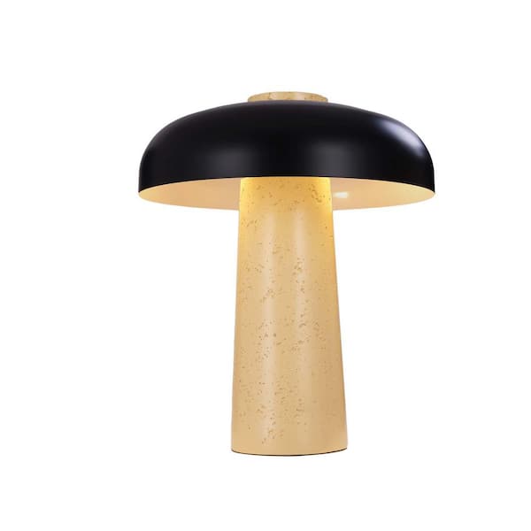 15.7 in. Modern Sand Beige and Black 2-Light Dimmable Mushroom Table Lamp Set with Travertine-Look Resin Base (2-Pack)