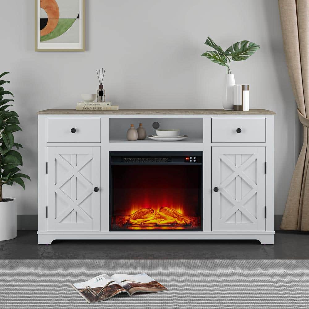 65" Off-White Farmhouse TV Stand with Electric Fireplace