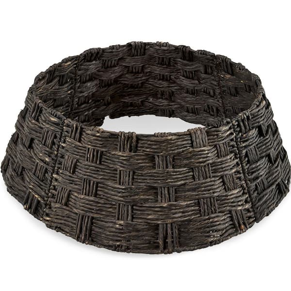 36 in. Basket Woven Hyacinth Christmas Cellulose Tree Collar, Skirt Accessory with Cord Cut-Out in Espresso