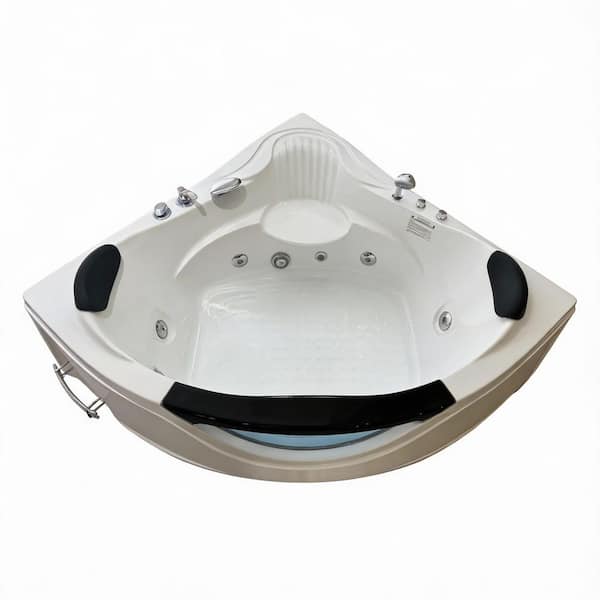 59 in. x 59 in. Corner Whirlpool Jetted Bathtub with Center Drain in Milk White Acrylic for 2-Person Relaxation