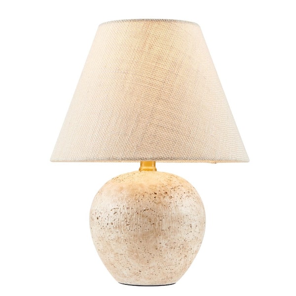 14.5 in. 1-Light Cream Faux Travertine Ceramic Table Lamp with Beige Fabric Shade