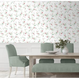 30.75 sq. ft. Blush and Spearmint Blossom Floral Trail Vinyl Peel and Stick Wallpaper Roll