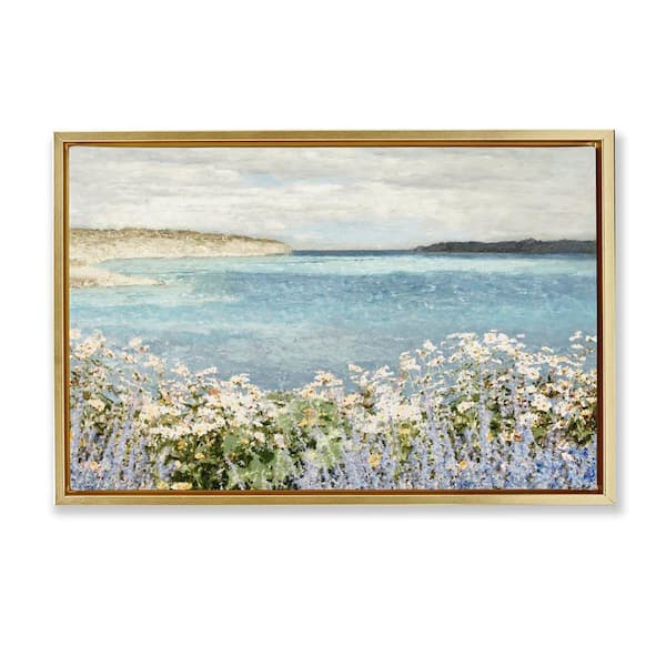 Daisy Field over Sea by Amber Sterling Gold Floater Frame Nature Graphic Art Print 21 in. x 31 in.