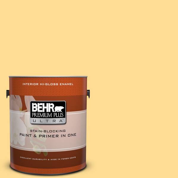 BEHR Premium Plus Ultra 1 gal. #320B-4 Lemon Pound Cake Hi-Gloss Enamel Interior Paint and Primer in One