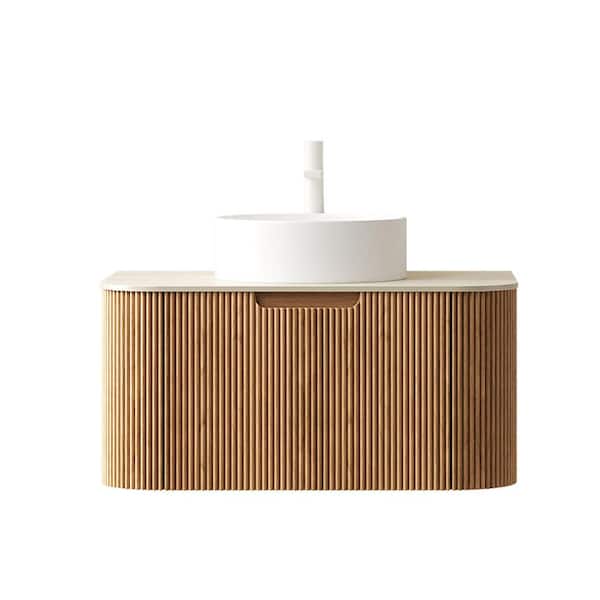 30 in. Wall-Mounted Natural Wood Bath Vanity with Beige Sintered Stone Top Pre-Assembled