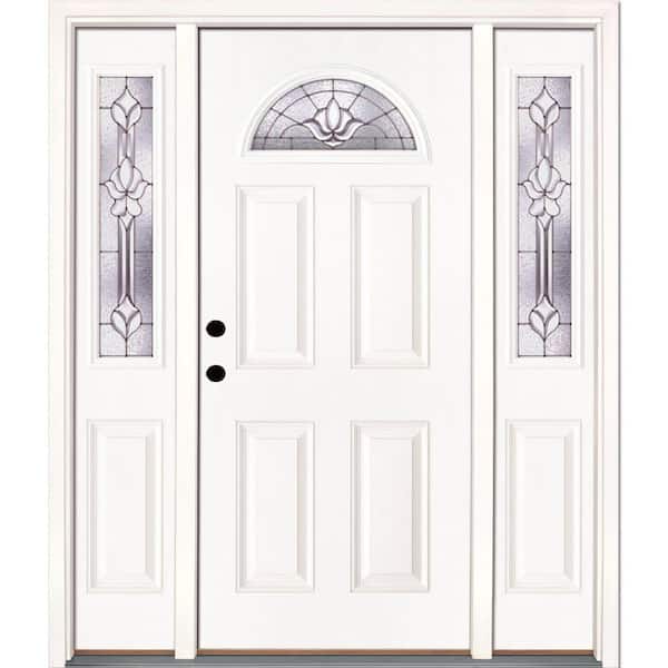 63.5 in. x 81.625 in. Medina Zinc Fan Lite Unfinished Smooth Right-Hand Fiberglass Prehung Front Door with Sidelites