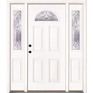 63.5 in. x 81.625 in. Medina Zinc Fan Lite Unfinished Smooth Right-Hand Fiberglass Prehung Front Door with Sidelites