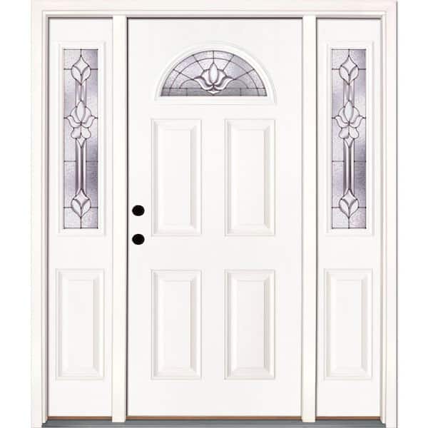 Feather River Doors 63.5 in. x 81.625 in. Medina Zinc Fan Lite Unfinished Smooth Right-Hand Fiberglass Prehung Front Door with Sidelites