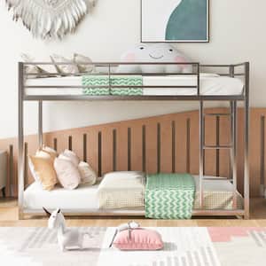 Silver Twin Metal Bunk Bed with Ladder Low Floor Twin Kids Bunk Bed Frame with Safe Guardrail