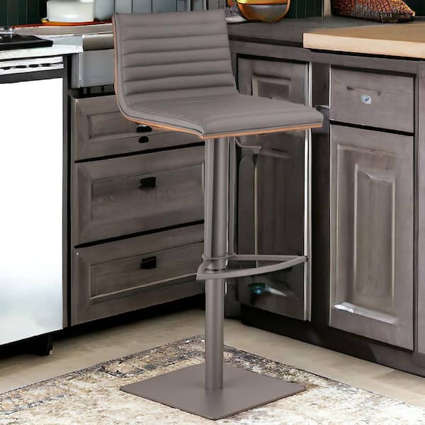 HomeRoots 32 in. Grey Low Back Metal Bar Stool with Faux Leathe Seat