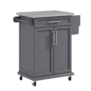 Gray Stainless Steel 33 in. Kitchen Island, Small Utility Storage Trolley with Drawer, 2-Tier Cabinet and Spice Rack