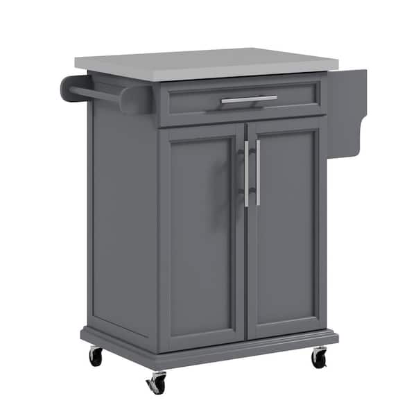 Tileon Gray Stainless Steel 33 in. Kitchen Island, Small Utility Storage Trolley with Drawer, 2-Tier Cabinet and Spice Rack