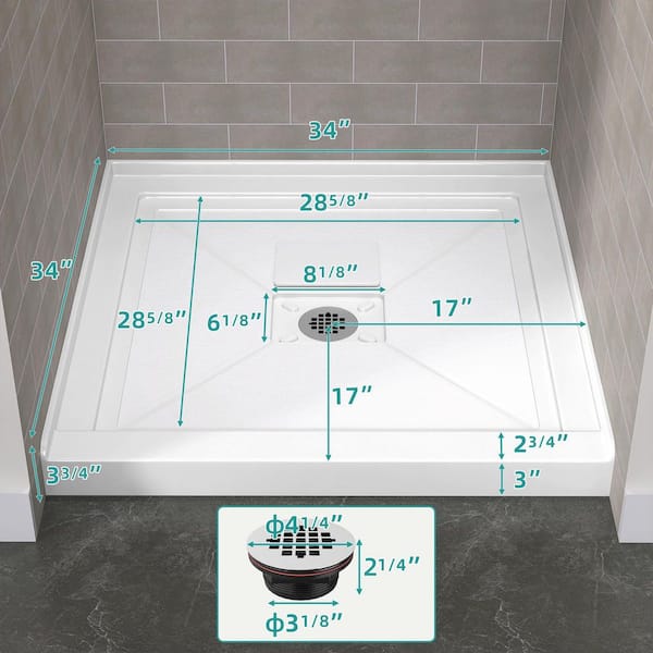 34 in. L x 34 in. W Alcove Shower Pan Base with Center Drain Hole and Magnetic Cover in White Square Shower Base