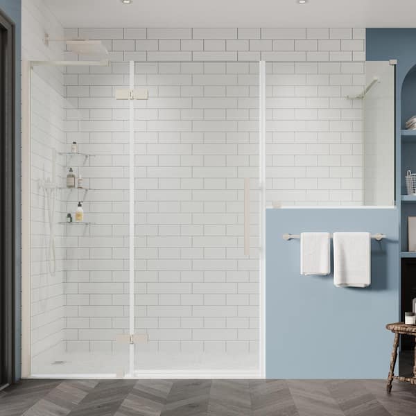 OVE Decors Tampa 74 7/8 in. W x 72 in. H Rectangular Pivot Frameless Corner Shower Enclosure in SN w/Buttress and Shelves