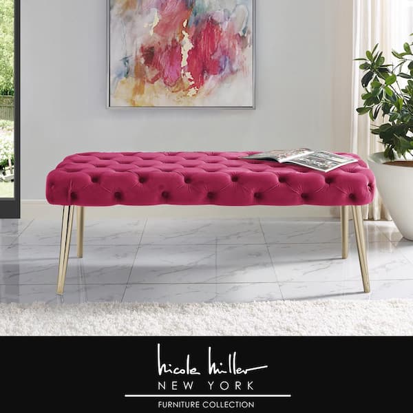 Nicole Miller Shannyn Fuchsia Gold Velvet Bench with Button Tufted