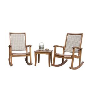 3-Piece Ash Grey Wicker and Eucalyptus Outdoor Rocking Chair Set with Square Accent Table