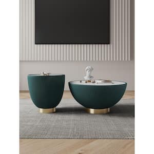 Anderson 28.15 in. Green Round Leatherette Upholstered Faux Marble Coffee Table with 18.43 in. End Table