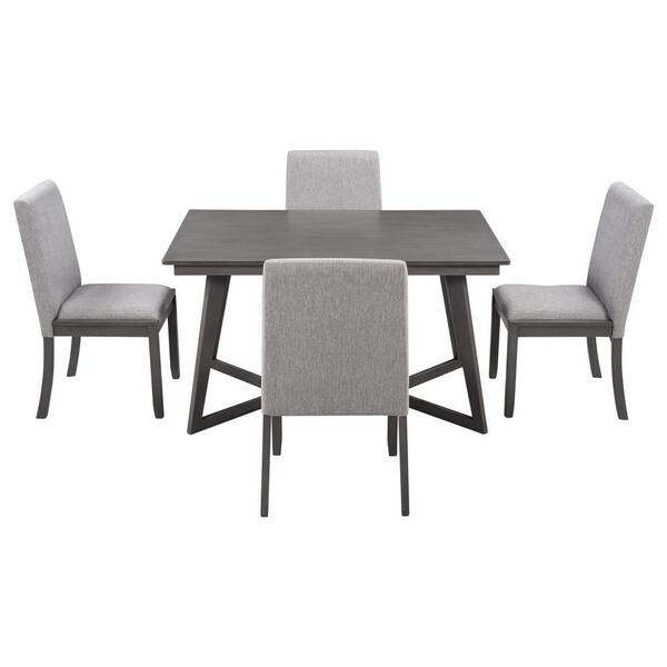 LUCKY ONE Gray 5-Piece Dining Set Wood Rectangular Table with 4-Linen Fabric Side Chair