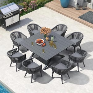 9 Piece Aluminum All-Weather PE Rattan Square Outdoor Dining Set with Cushion, Grey