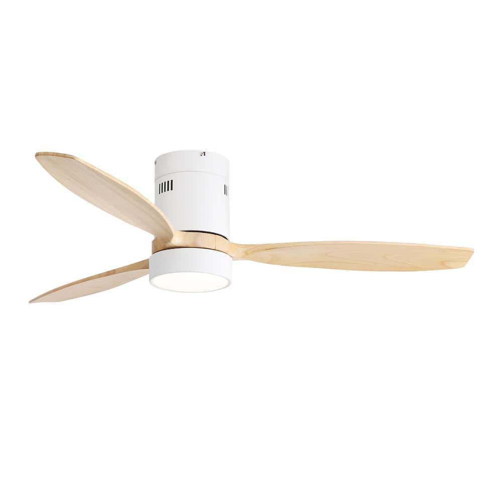 52 in. Smart Indoor White Plus Wood Color Flush Mount Ceiling Fan with LED 