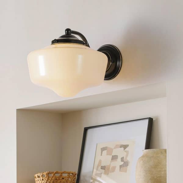 Adarna 9.8 in. 1-Light Matte Black Schoolhouse Wall Sconce with Frosted Glass Shade