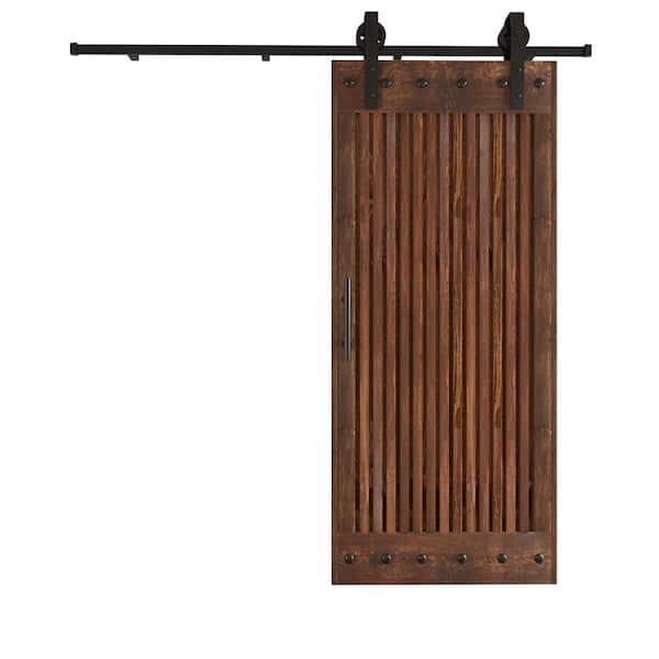 COAST SEQUOIA INC 36 in. x 84 in. Full Grille Design Embossing Dark Walnut Knotty Wood Sliding Door With Hardware Kit